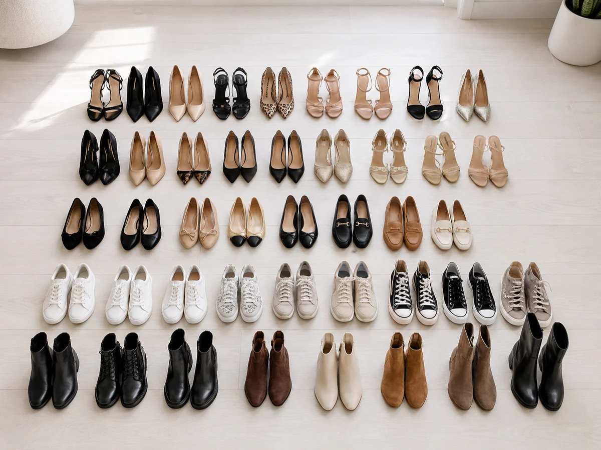 Sapatos organizados em closet com caixas transparentes etiquetadas