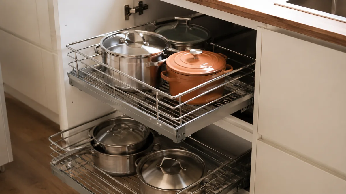 Armário de cozinha planejado com gaveteiros internos, prateleiras ajustáveis e zonas de uso definidas por fluxo de preparo