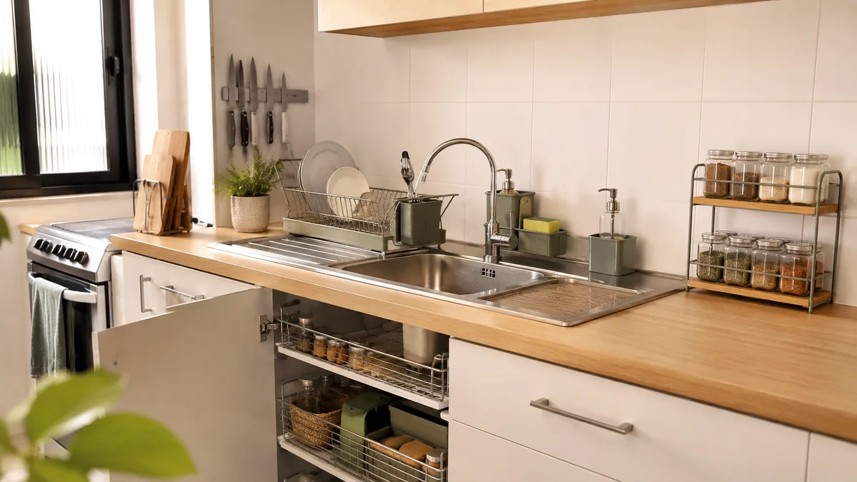 Cozinha de apartamento alugado organizada com aproveitamento vertical de bancada, cestos com puxador nos armários e organização sem obra