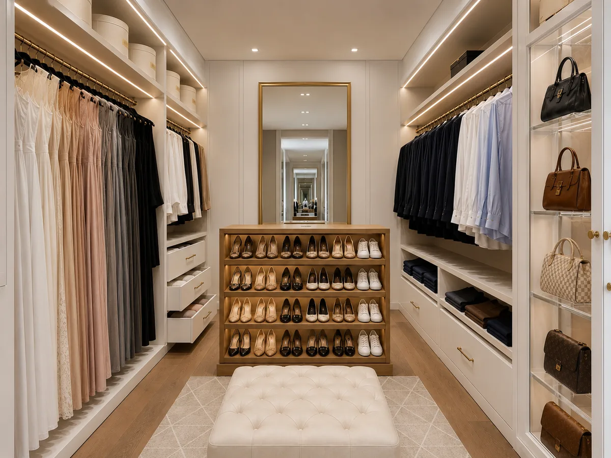 Closet grande de casa em São Paulo organizado com divisão por usuário e zonas de uso