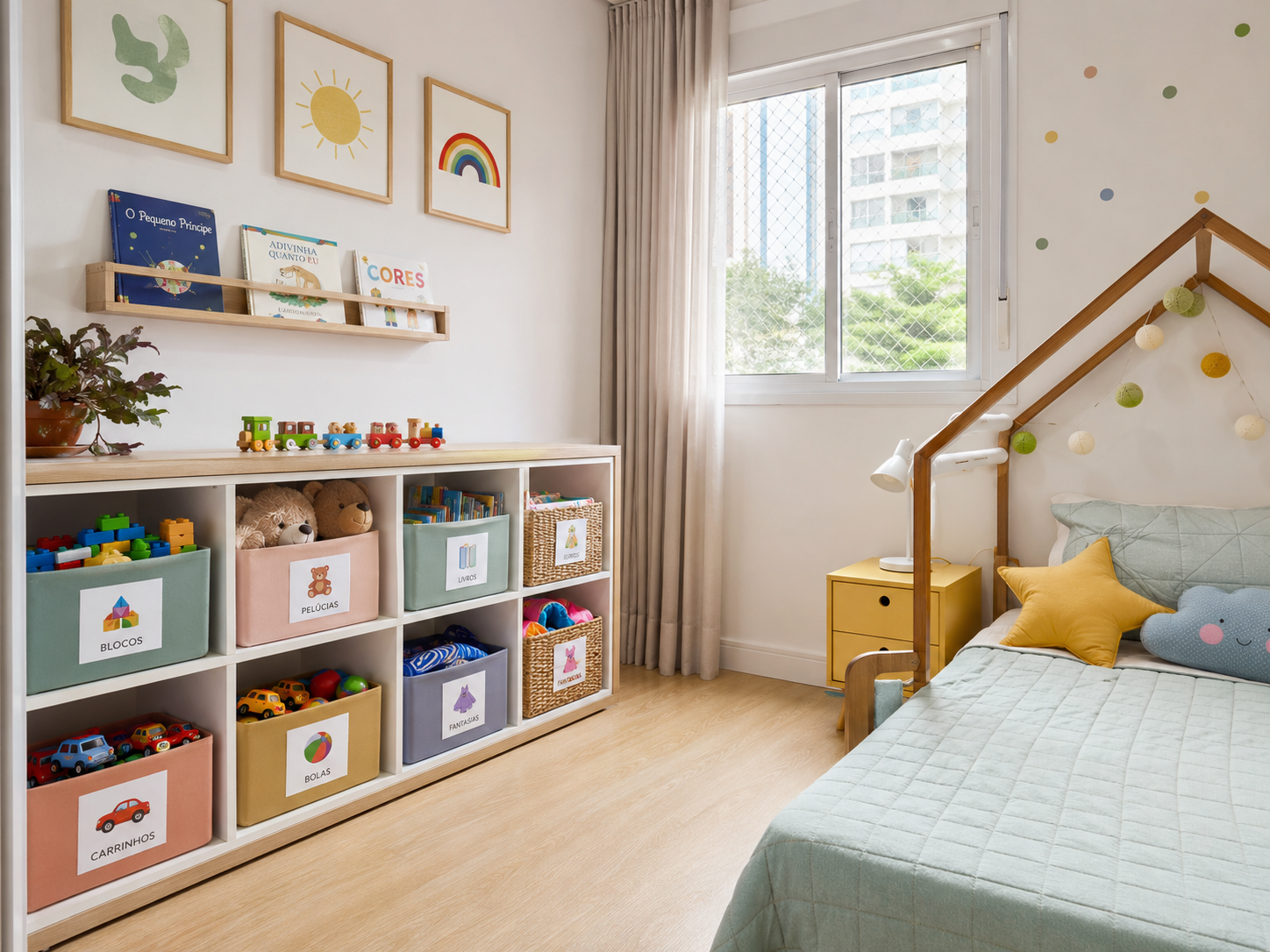 Quarto infantil organizado com sistema de brinquedos por categorias