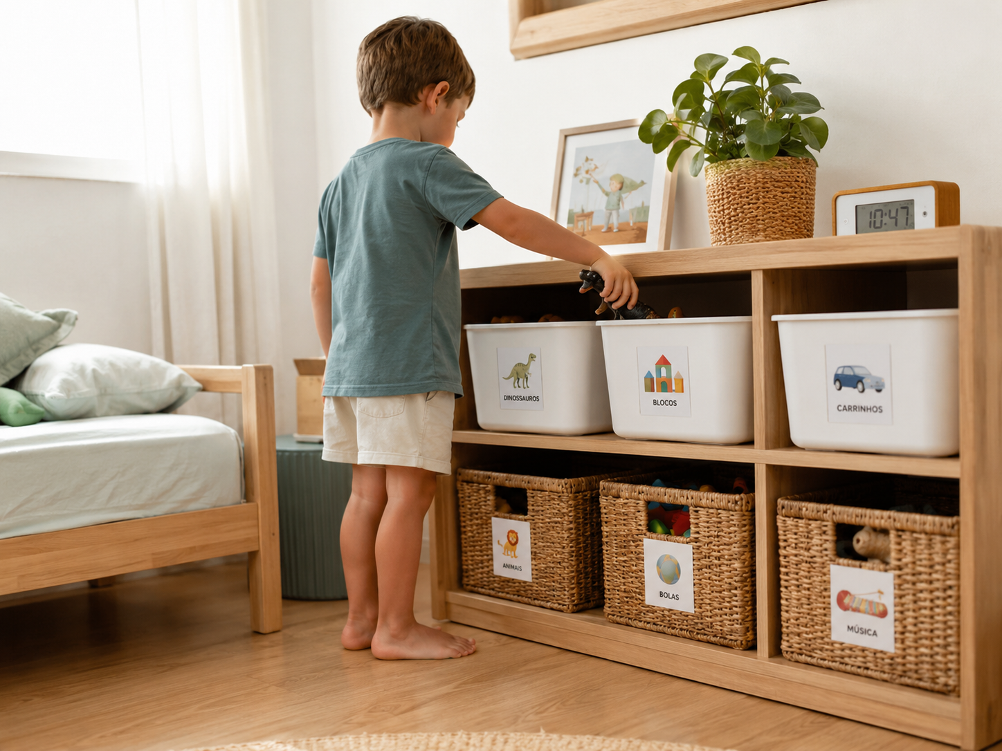 Criança guardando brinquedos em caixas organizadas com etiquetas visuais