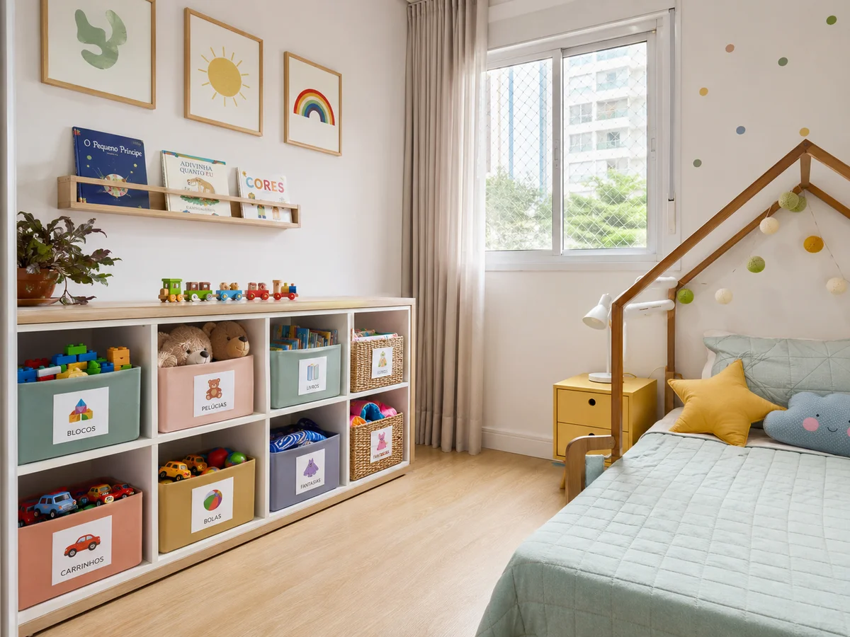 Quarto infantil organizado com sistema de brinquedos por categorias