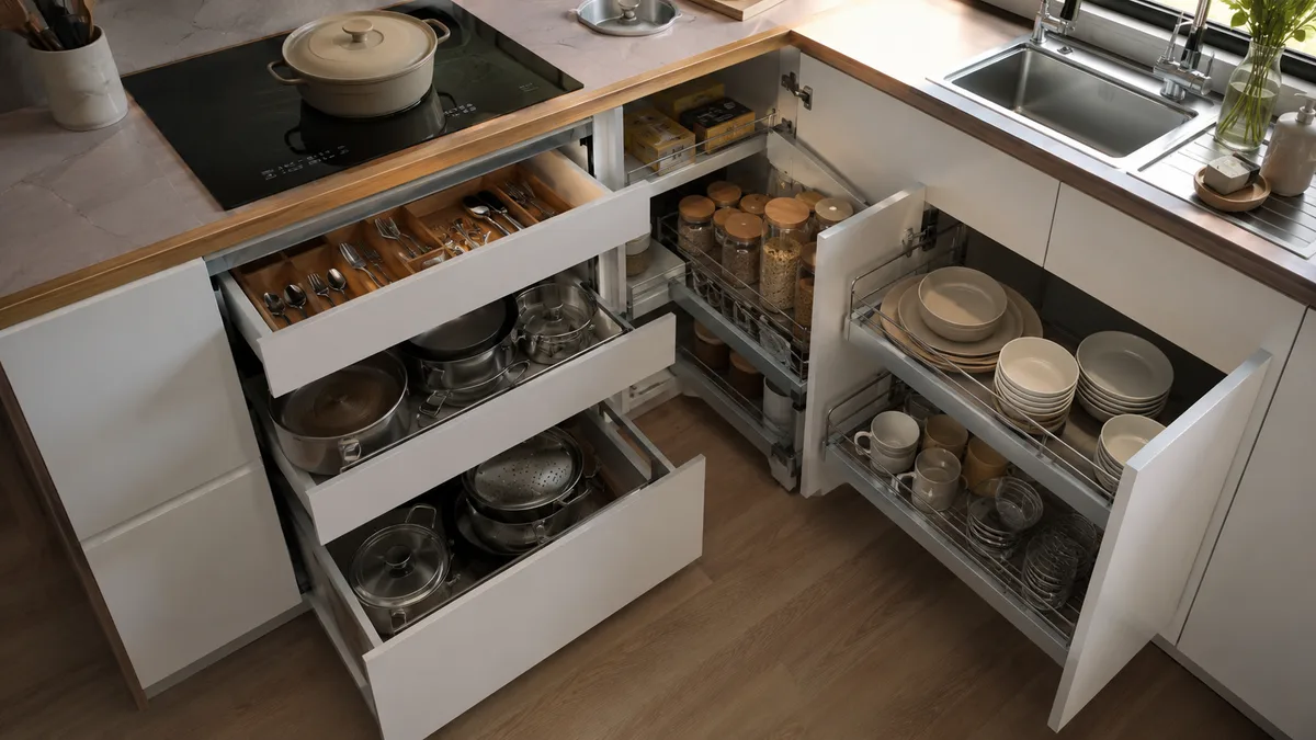 Armário planejado de cozinha após reforma com zonas de uso definidas, panelas perto do fogão e louças próximas à pia