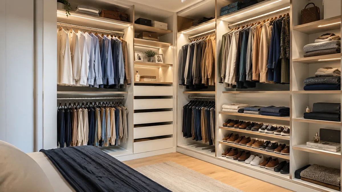 Closet planejado organizado após reforma com roupas divididas por categoria, zonas de uso definidas e sistema de manutenção