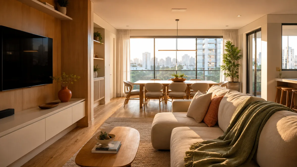 Sala de apartamento em São Paulo reorganizada após reforma, com zonas definidas e móveis posicionados