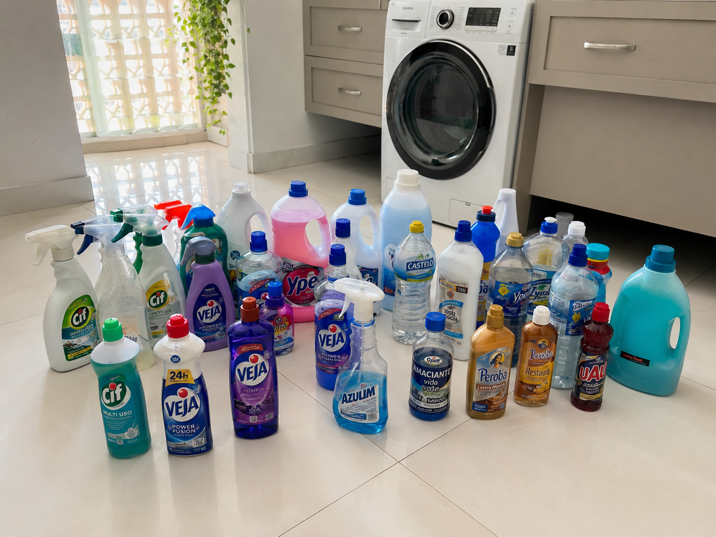 Armário de produtos de limpeza organizado por categorias