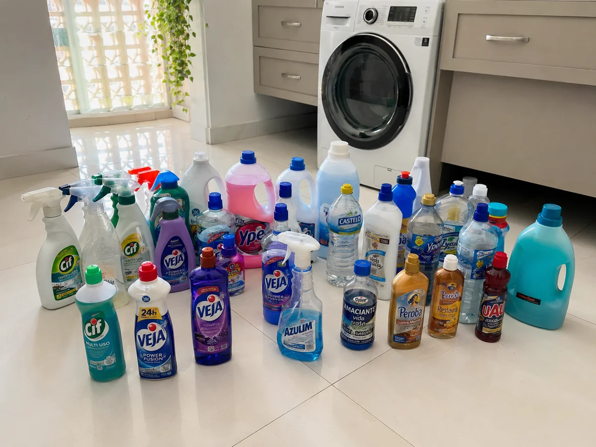 Armário de produtos de limpeza organizado por categorias
