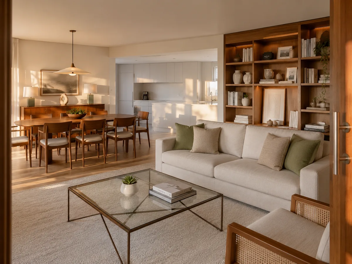 Sala de estar e cozinha de apartamento novo completamente organizadas após atendimento de mudança