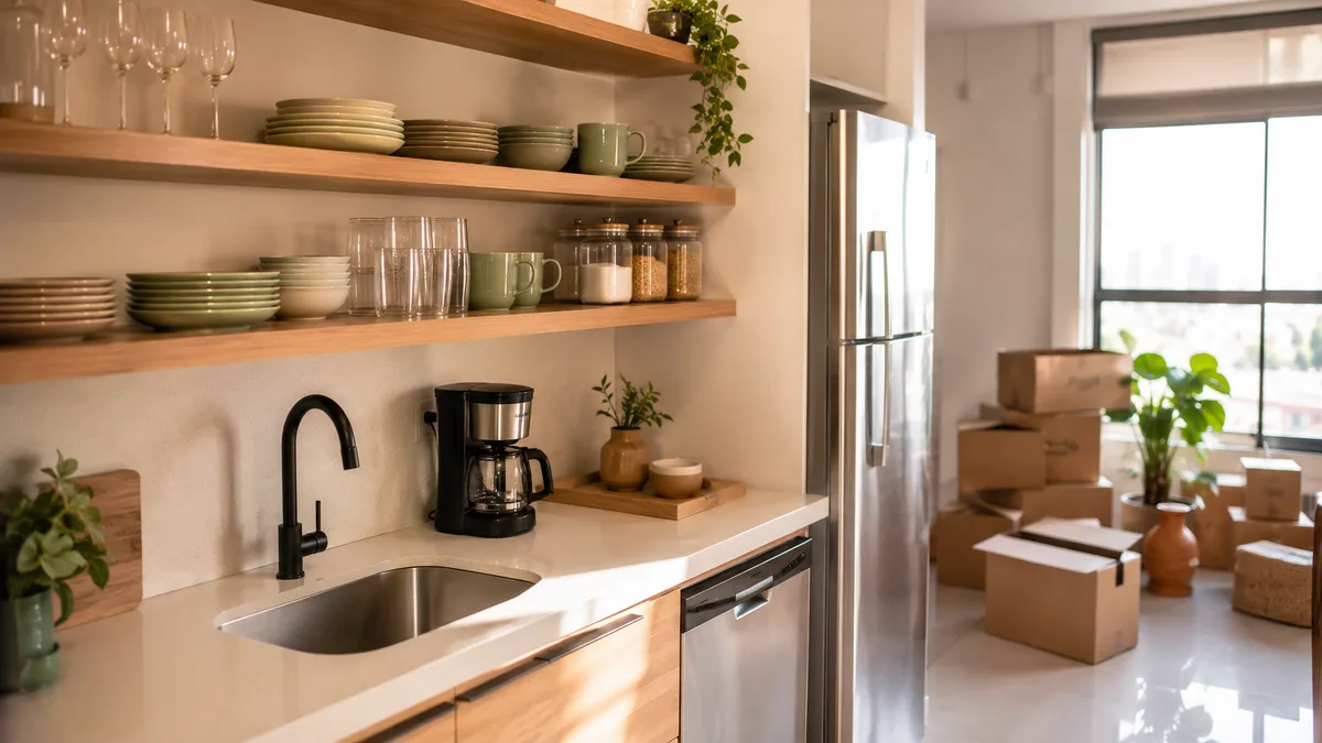 Cozinha de apartamento em São Paulo organizada nos primeiros dias após mudança, com utensílios dispostos por zonas de uso