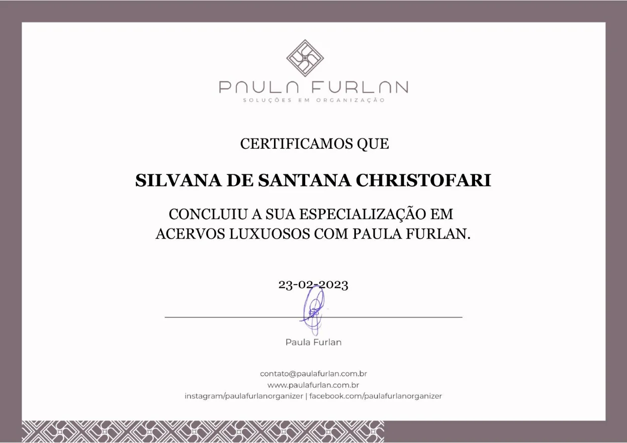 Diploma Organização de Acervos Luxuosos: Paula Furlan Soluções em Organização