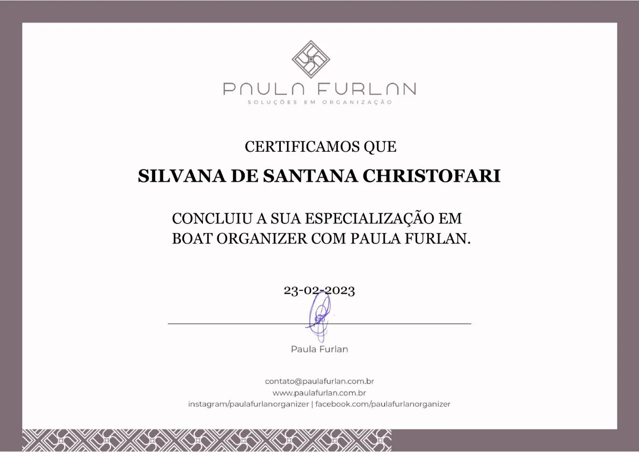 Diploma Boat Organizer: Paula Furlan Soluções em Organização