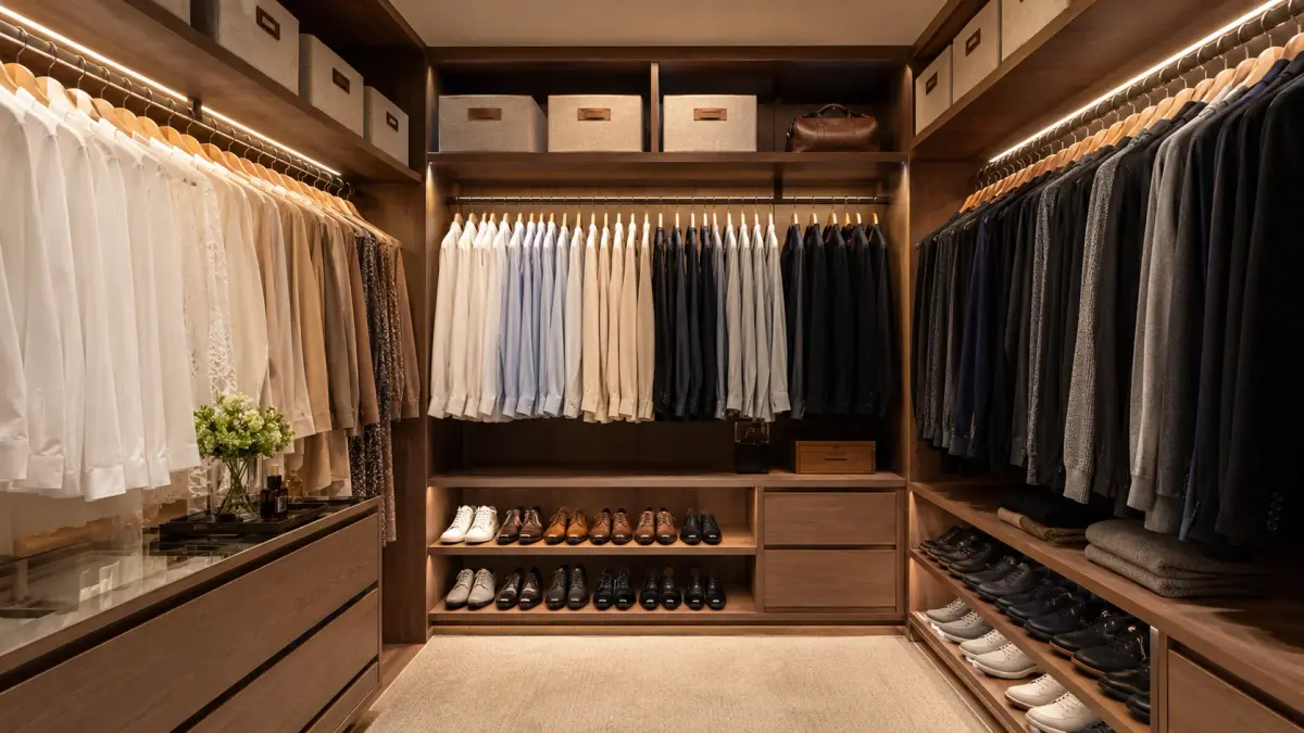 Closet e guarda-roupa organizado após mudança residencial